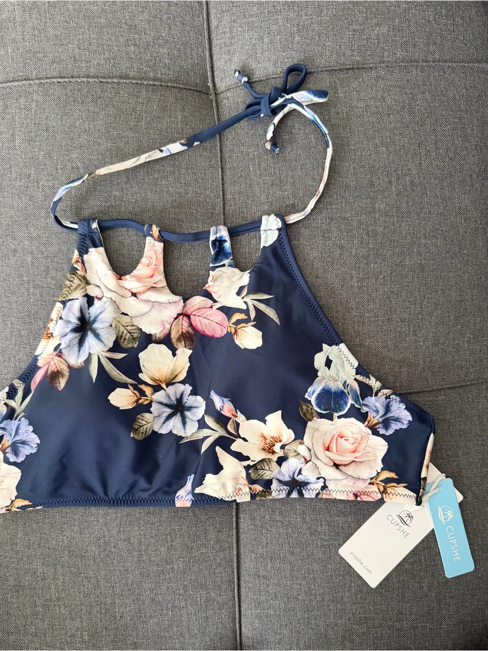 Cupshe Navy Floral High-Neck Halter Bikini Top